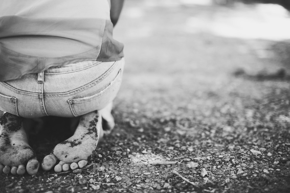 Girl Kneeling Down And Praying With Bare Feet. - Stock Photos | Prixel