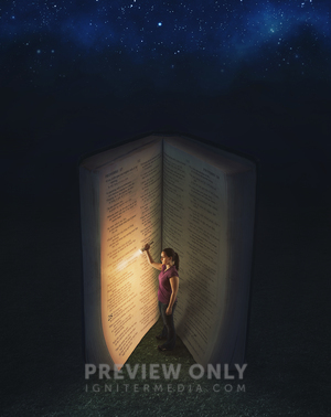 Woman Shining A Flashlight On The Pages Of A Giant Bible - Stock Photos ...