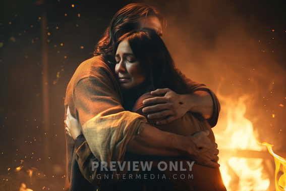 Jesus Hugs Woman Tightly In A Fire. - Stock Photos | Kevin Carden