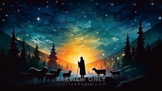 Shepherd In The Field Looking Up At The Night Sky With Sheep. - Stock ...